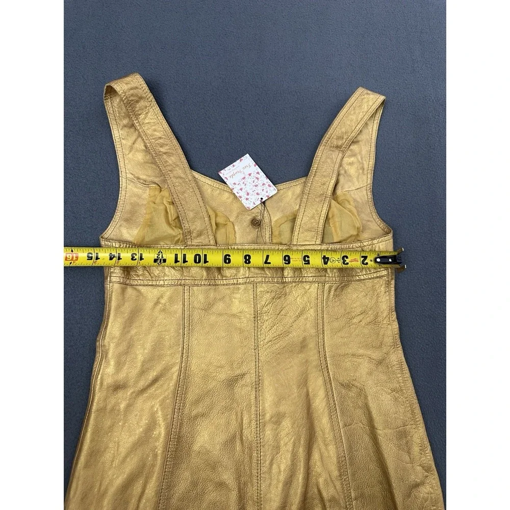 Free People Dress Womens Size 6 Goldie Mini Button Down A-Line Gold Leather $300